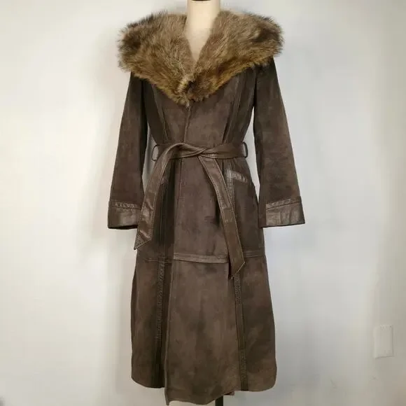 70s Real Fur Collar Suede Trench Coat Vintage Brown Long Boho Penny Lane Belt
